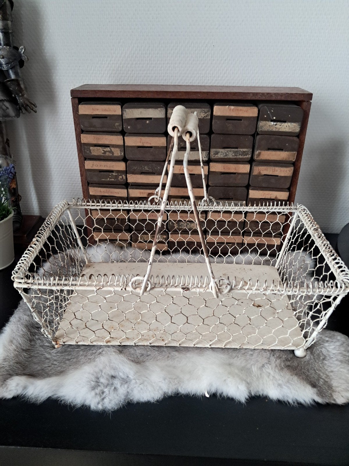 Vintage Brocante Kippengaas Mand Wit Metaal, Antiek en Kunst, Ophalen of Verzenden