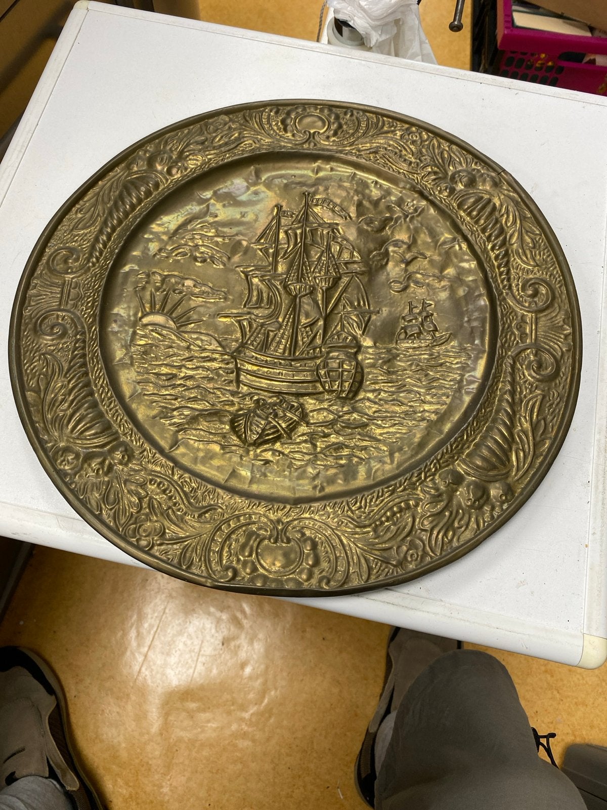 Antieke koperen wandplaat met scheepsafbeelding, Ophalen of Verzenden