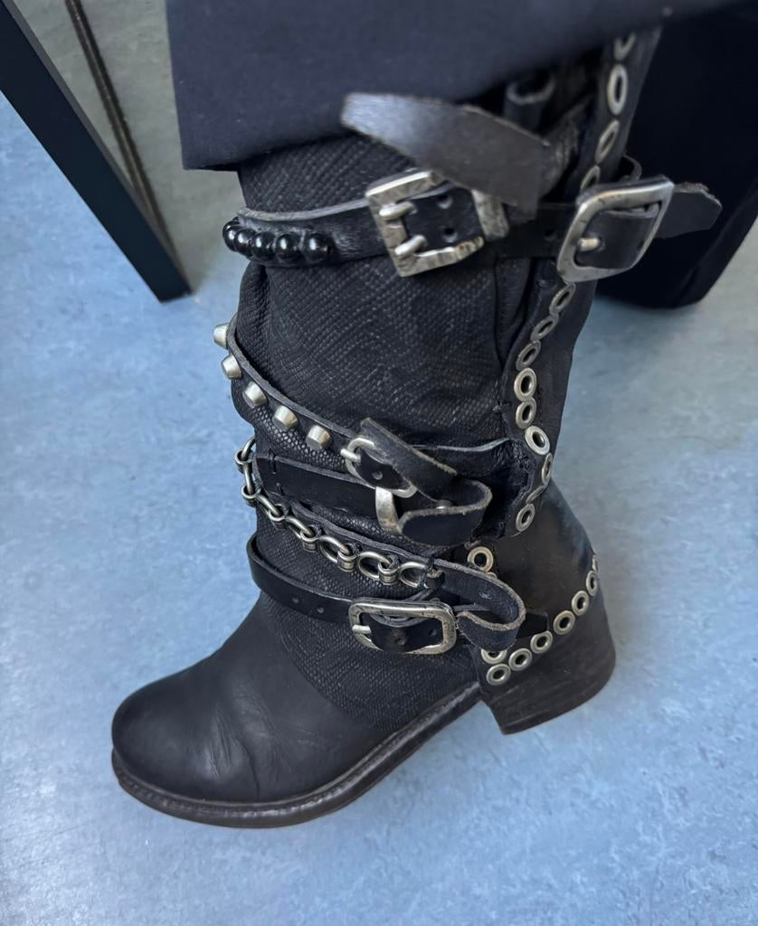 Black AS98 Women's Biker Boots in Leather with Studs and Zip, Verzenden, Zo goed als nieuw, Zwart
