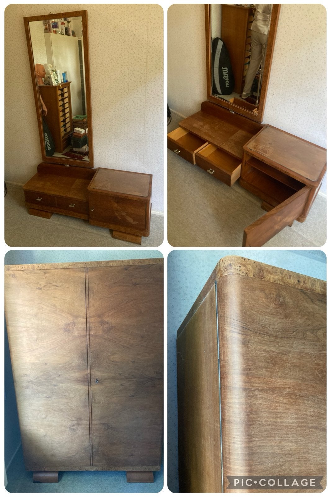 Vintage Linnenkast en Passpiegel met Opbergruimte, Ophalen