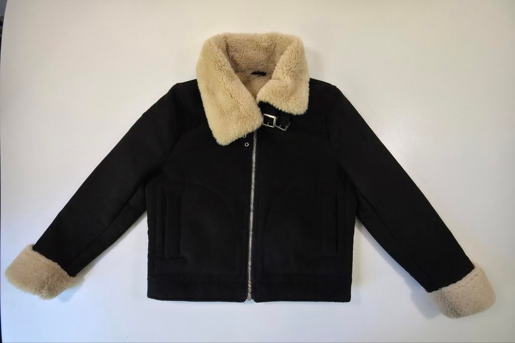 Zwarte bikerjack met teddy voering en kraag. - Maat S, Kleding | Dames, Jassen | Winter, Verzenden, Zo goed als nieuw, Zwart