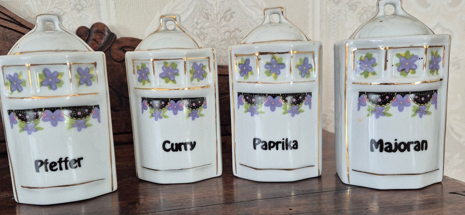 Set van 4 Vintage Duitse Porseleinen Kruidenpotten, Antiek en Kunst, Ophalen