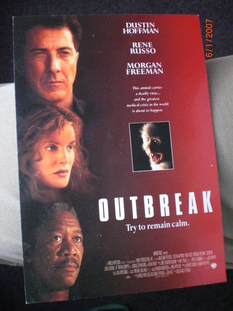 kaart Dustin Hoffman Rene Russo Morgan Freeman  'Outbreak, Ophalen of Verzenden, 1980 tot heden, Ongelopen, Sterren en Beroemdheden