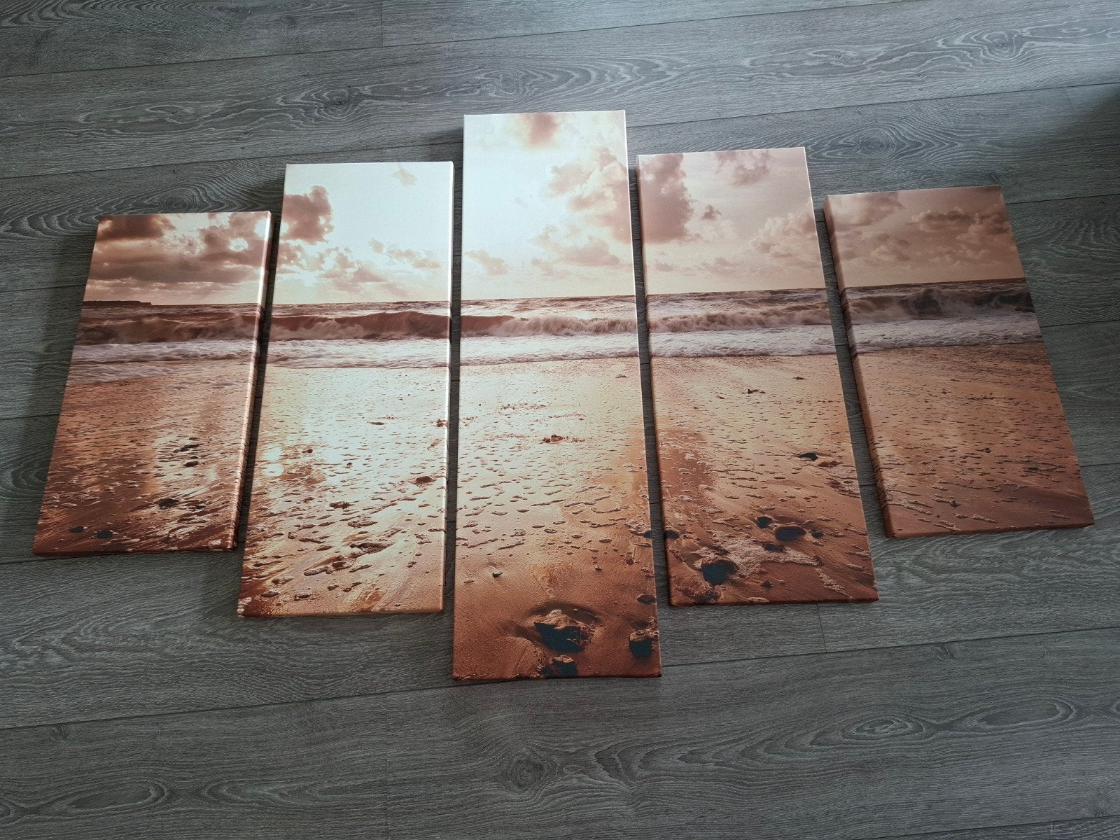 Strand zonsondergang canvas schilderij (5 panelen), Huis en Inrichting, Woonaccessoires | Schilderijen, Tekeningen en Foto's, Ophalen