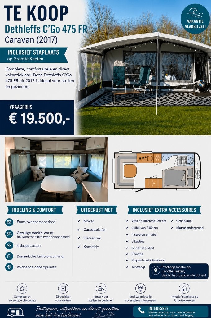 Te Koop: Dethleffs C’Go 475 FR (2017), Caravans en Kamperen, Koelkast, Omvormbare zithoek, Rondzit, Particulier