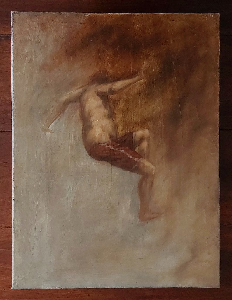 Schilderij van Springende Man in het Water - Olieverf, Antiek en Kunst, Origineel werk, Doek, Portret of Personen, Realistisch