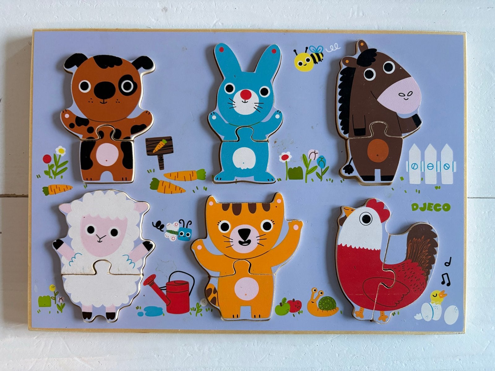 Djeco Houten Dierenpuzzel - Boerderij Thema, 10 tot 50 stukjes, Ophalen of Verzenden, Zo goed als nieuw, Van hout