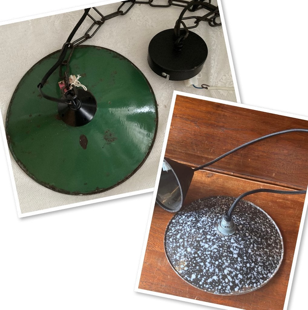 2x Brocante emaille hanglampjes / groen & zwart gewolkt, ---, Ophalen of Verzenden, ---, Metaal