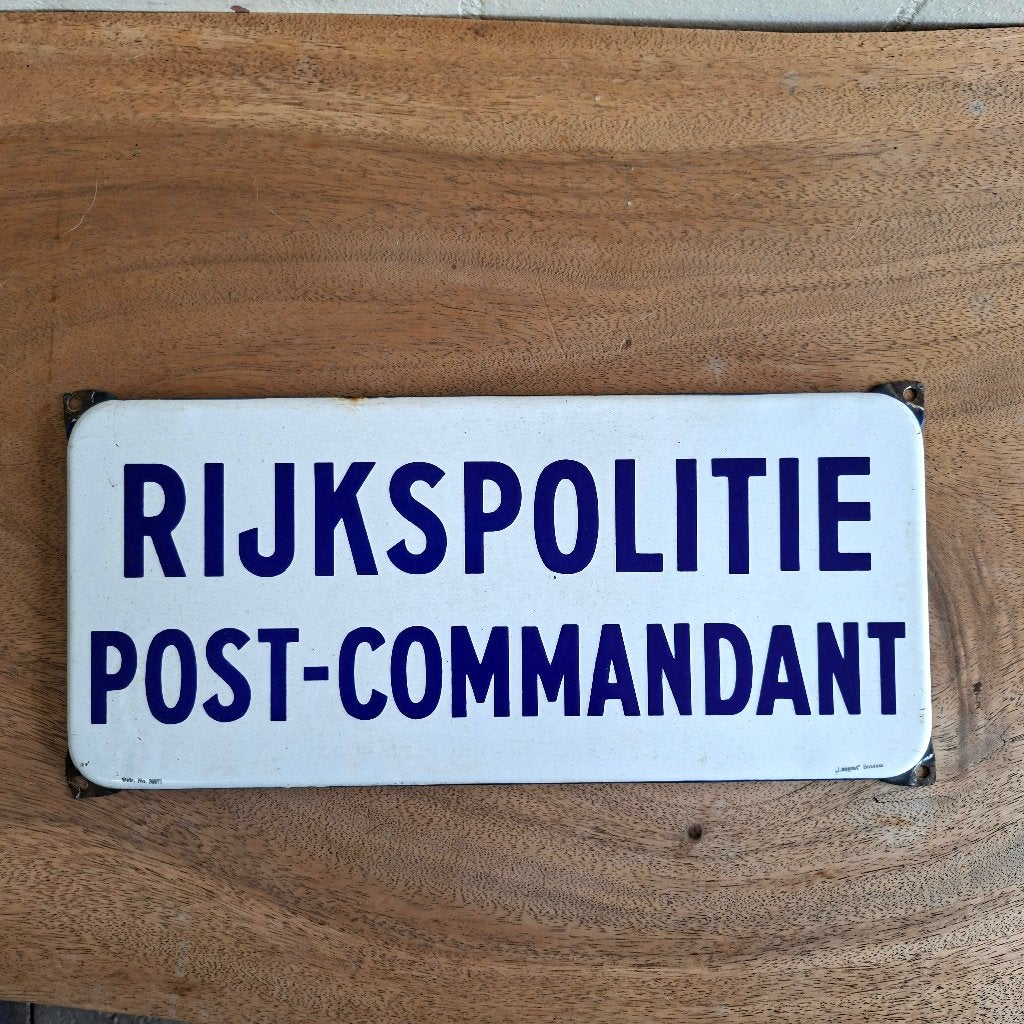 Emaille bord Rijkspolitie Post-Commandant, Verzamelen, Ophalen, Gebruikt, Reclamebord