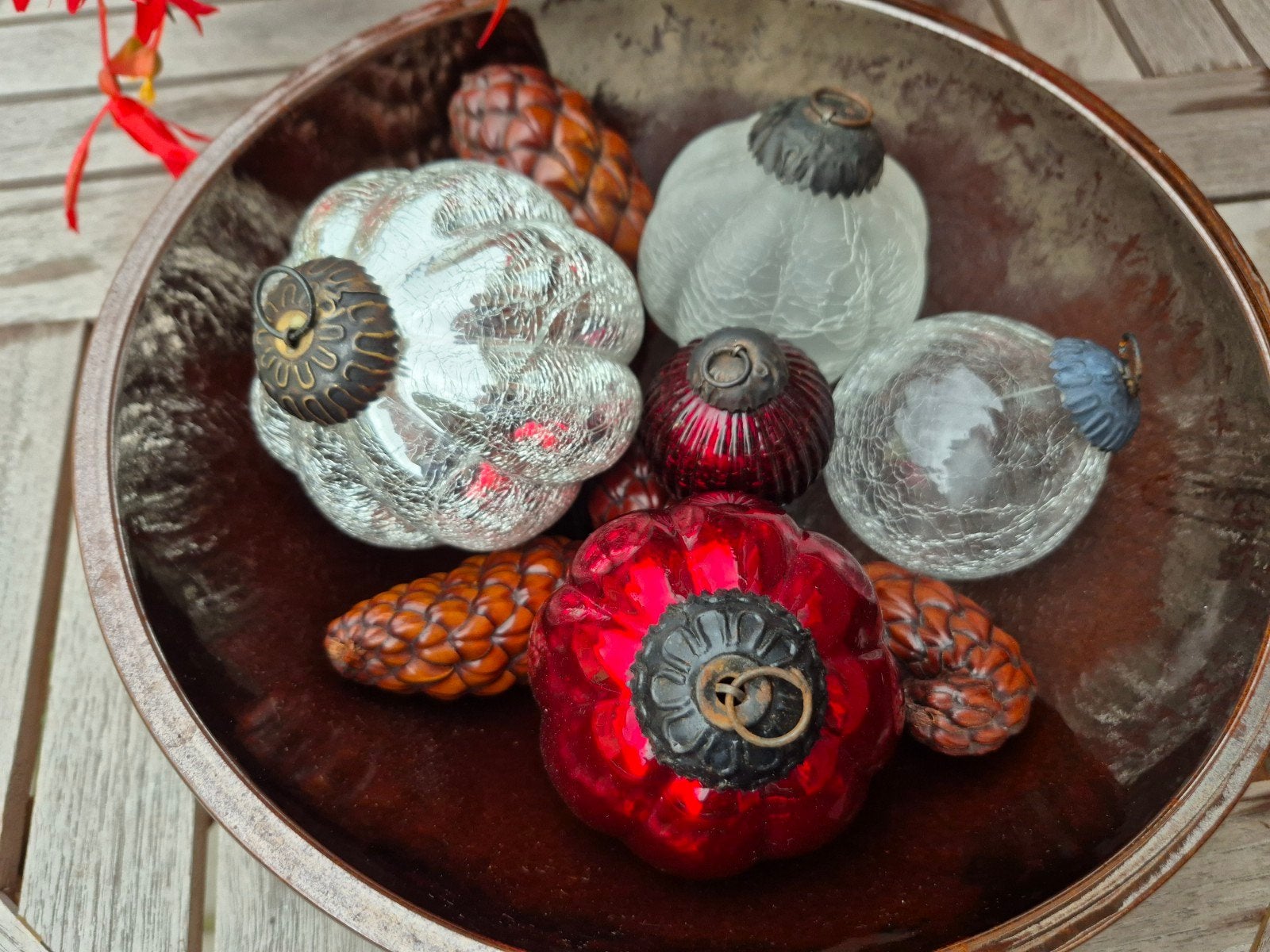 5 Vintage craquelé pompoen kerstballen heksenballen., Ophalen of Verzenden, Zo goed als nieuw