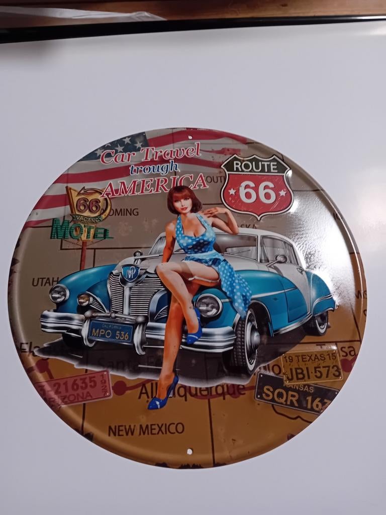 Route 66 Reclamebord - Vintage Pin-up & Auto, Ophalen, Nieuw, Reclamebord