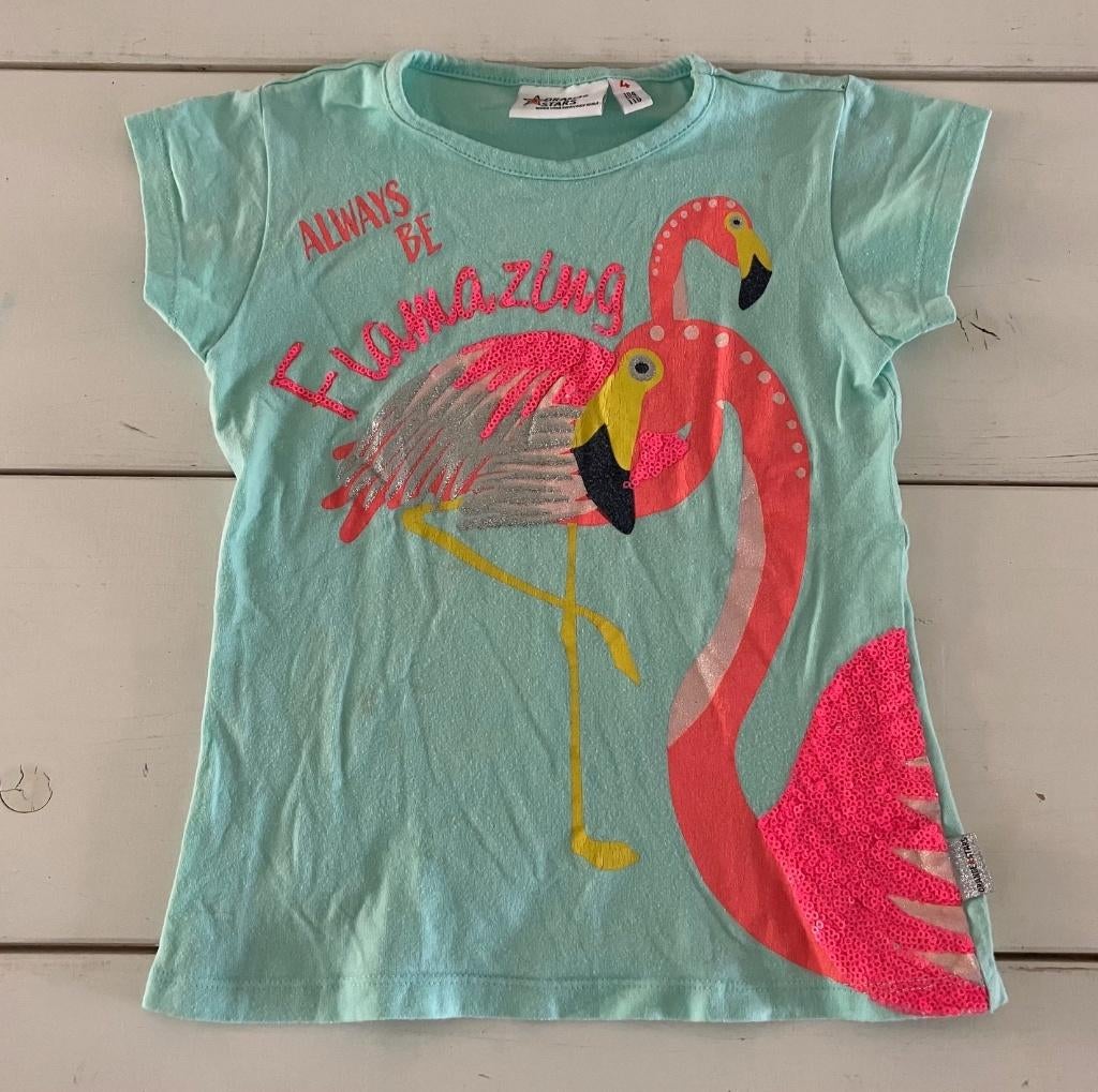 Flamingo shirt met roze neon en pailletten mt 104, Gebruikt, Meisje, Ophalen of Verzenden, Shirt of Longsleeve