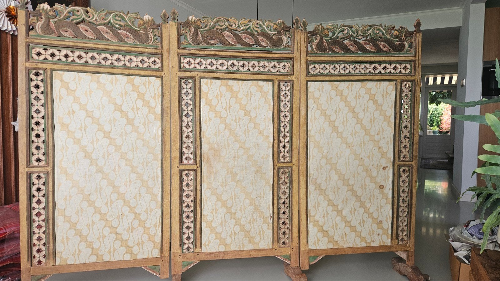 Antiek Indonesisch kamerscherm met batikpatroon, Ophalen, Gebruikt