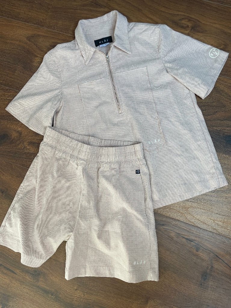 Olaf Hussein set maat S pied de poule roze wit short top, OLAF HUSSEIN Wholesale B.V.), Kostuum of Pak, Store@olafhussein.com