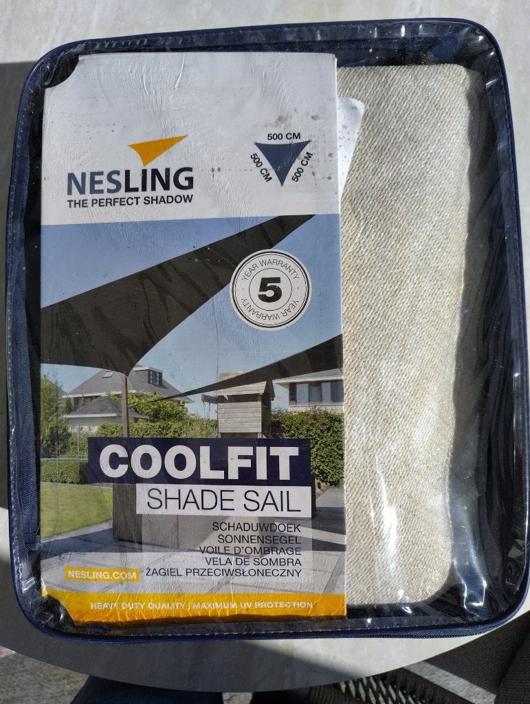 Nesling Coolfit schaduwdoek 5x5x5 meter (driehoek) off-white, Ophalen of Verzenden, Zo goed als nieuw