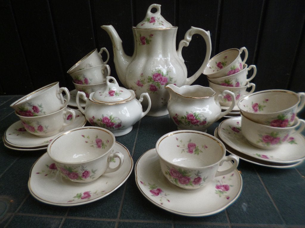12 persoons Koffieservies Chodziez met roze roosjes + Diner, Ophalen of Verzenden