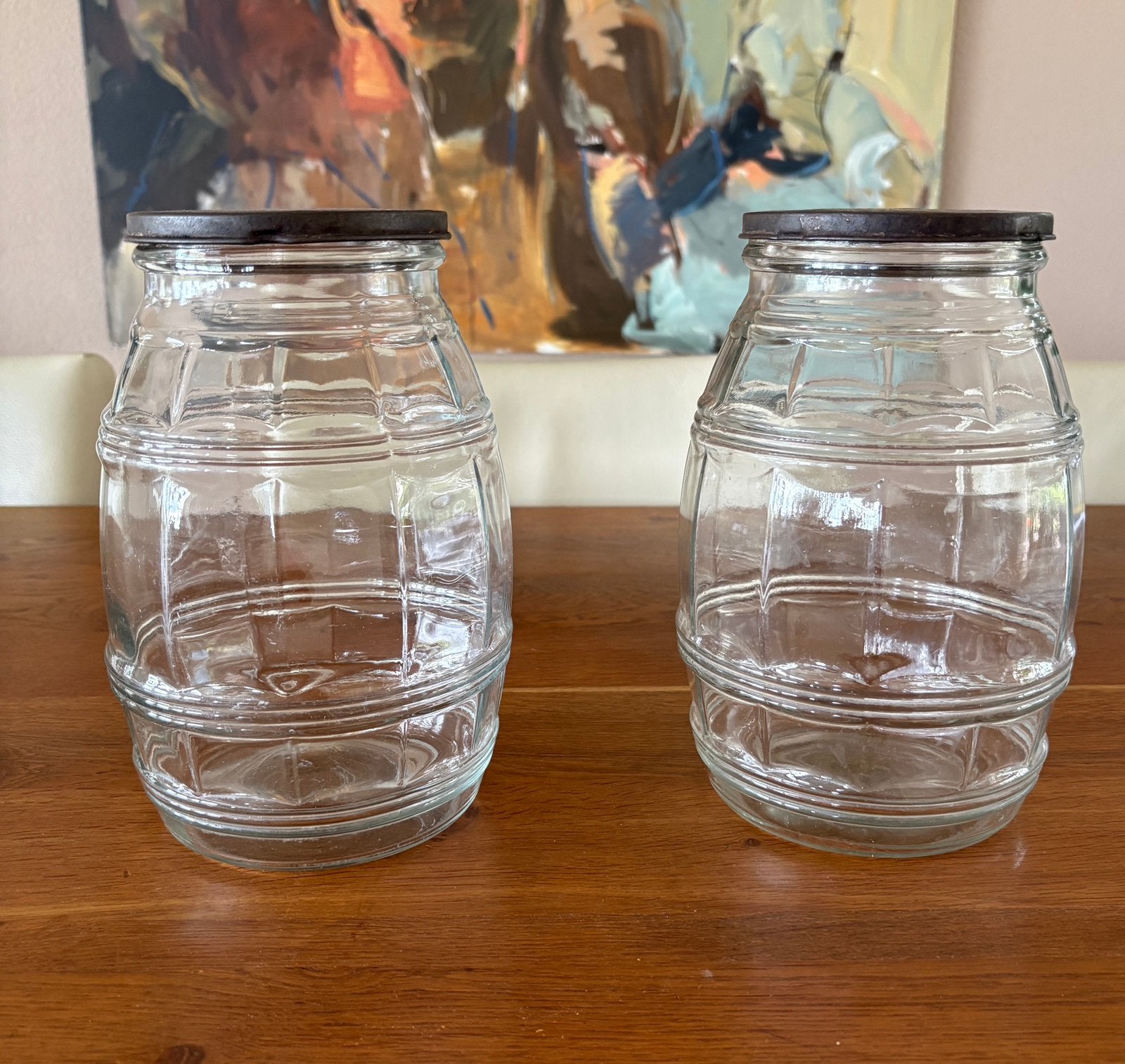 Oude drogist 2x glazen pot met schroefdeksel  snoeppotten, Ophalen of Verzenden
