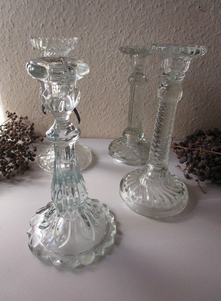 Set van 4 vintage glazen kandelaars  groot, Antiek en Kunst, Antiek | Kandelaars, Ophalen of Verzenden, Glas