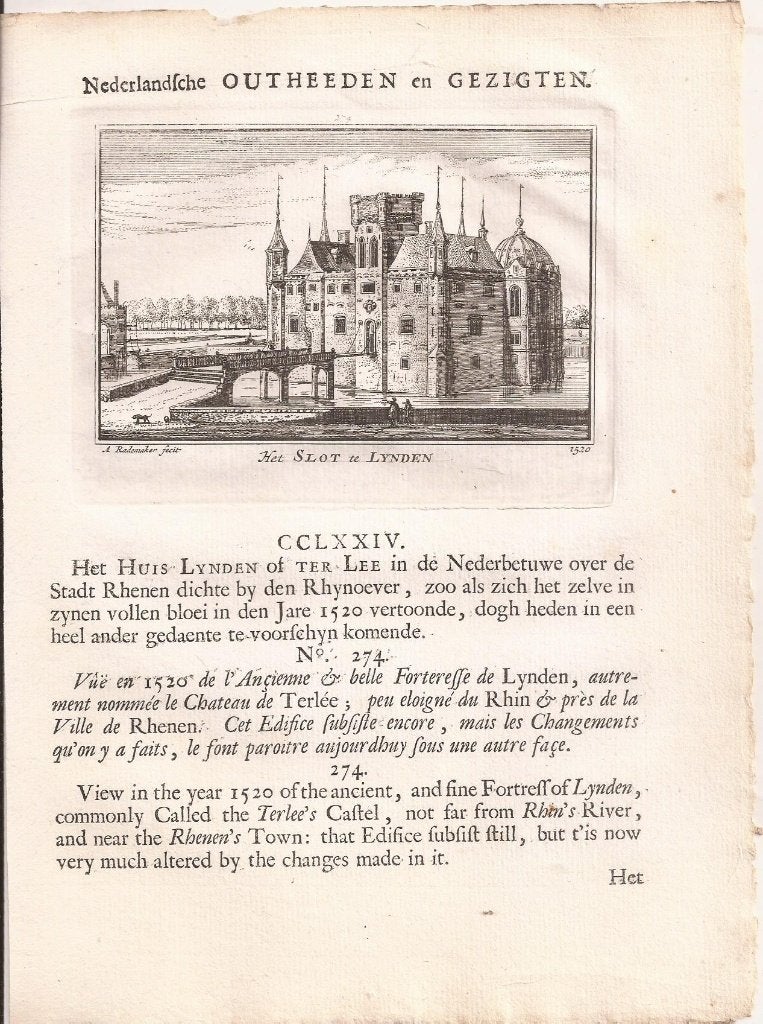 Kesteren. 274 Het Slot te Lynden 1520 Kopergravure Rademaker, Antiek en Kunst, Origineel, Ophalen of Verzenden, Gravure, 7 cm
