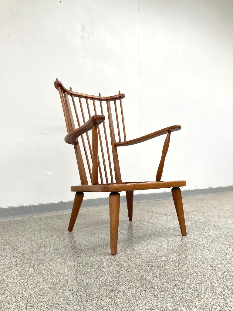 Vintage mid-century Scandinavische spijlen fauteuil 1950's, Ophalen, Gebruikt, Minder dan 75 cm, Scandinavisch