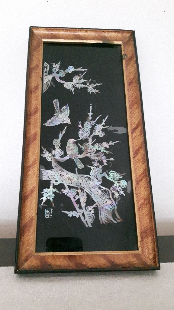 Prachtig Parelmoer Kunstwerk met Vogels en Bloesem, Wanddecoratie, Natuurlijk materiaal, Ophalen of Verzenden, 35 cm