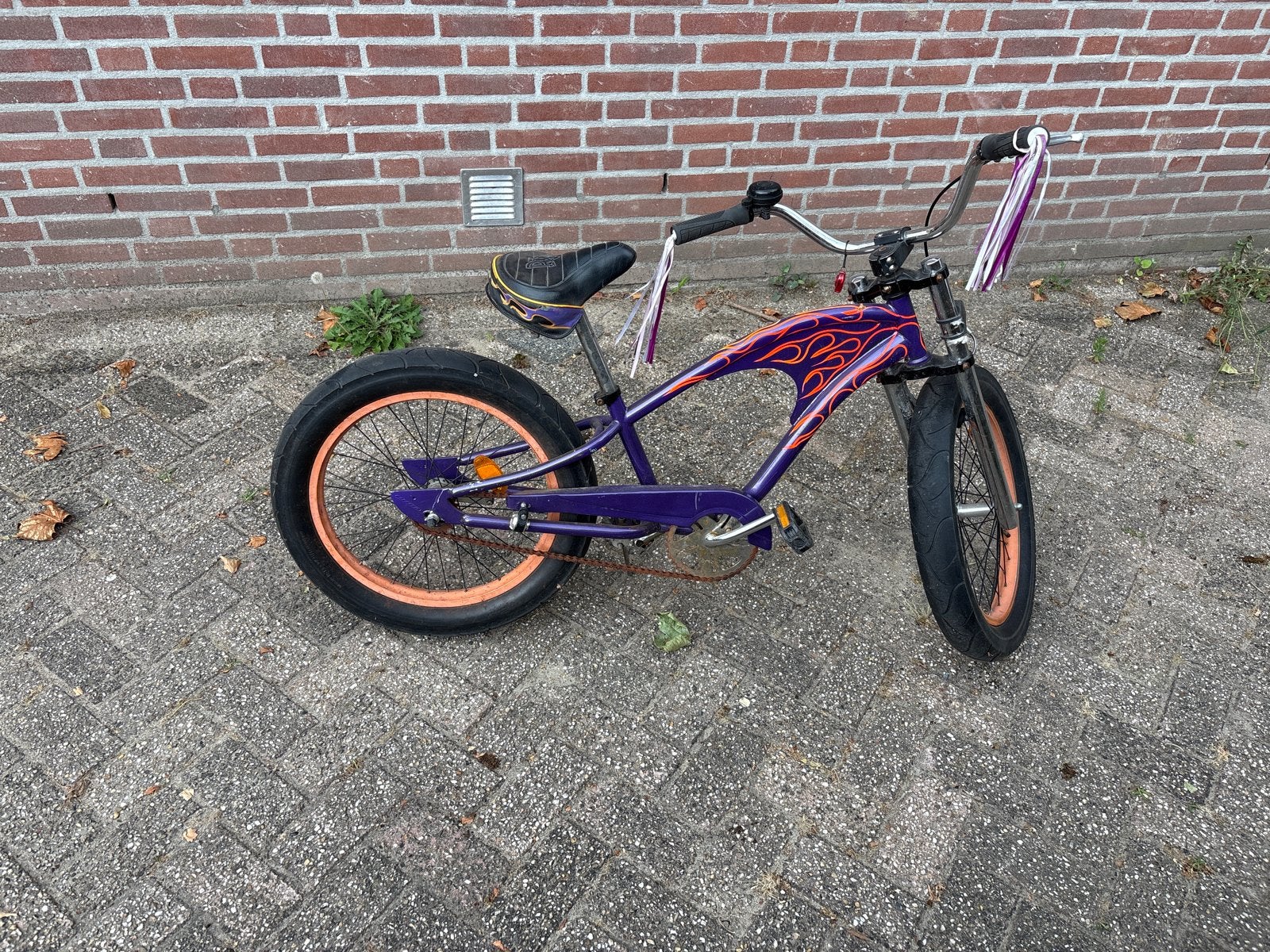 Unieke paarse Chopper fiets met vlammen, Fietsen en Brommers, Terugtraprem, Gebruikt, Staal, 20 tot 24 inch