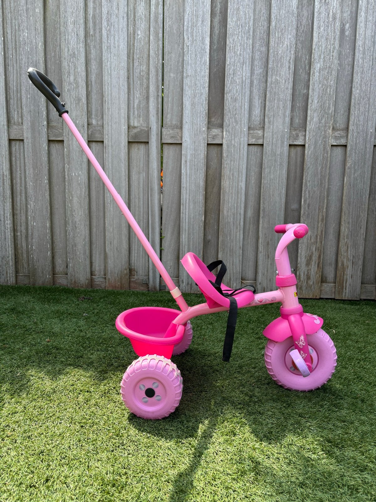 Smoby roze driewieler met duwstang, Ophalen, Terugtraprem, Gebruikt, Smoby