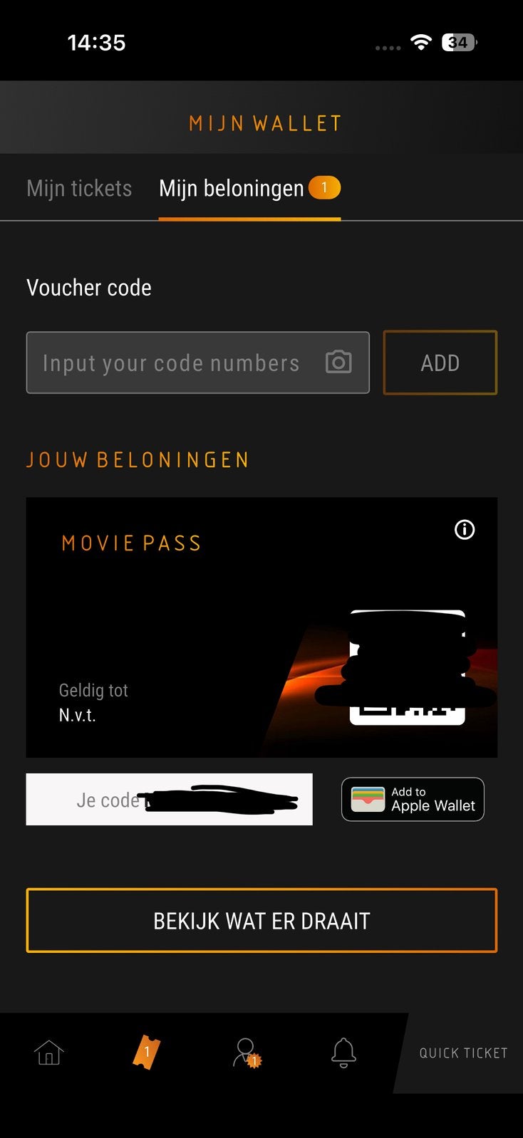 Unlimited Vue Movie Pass / zie informatie, Eén persoon, Vrijkaartje specifieke film