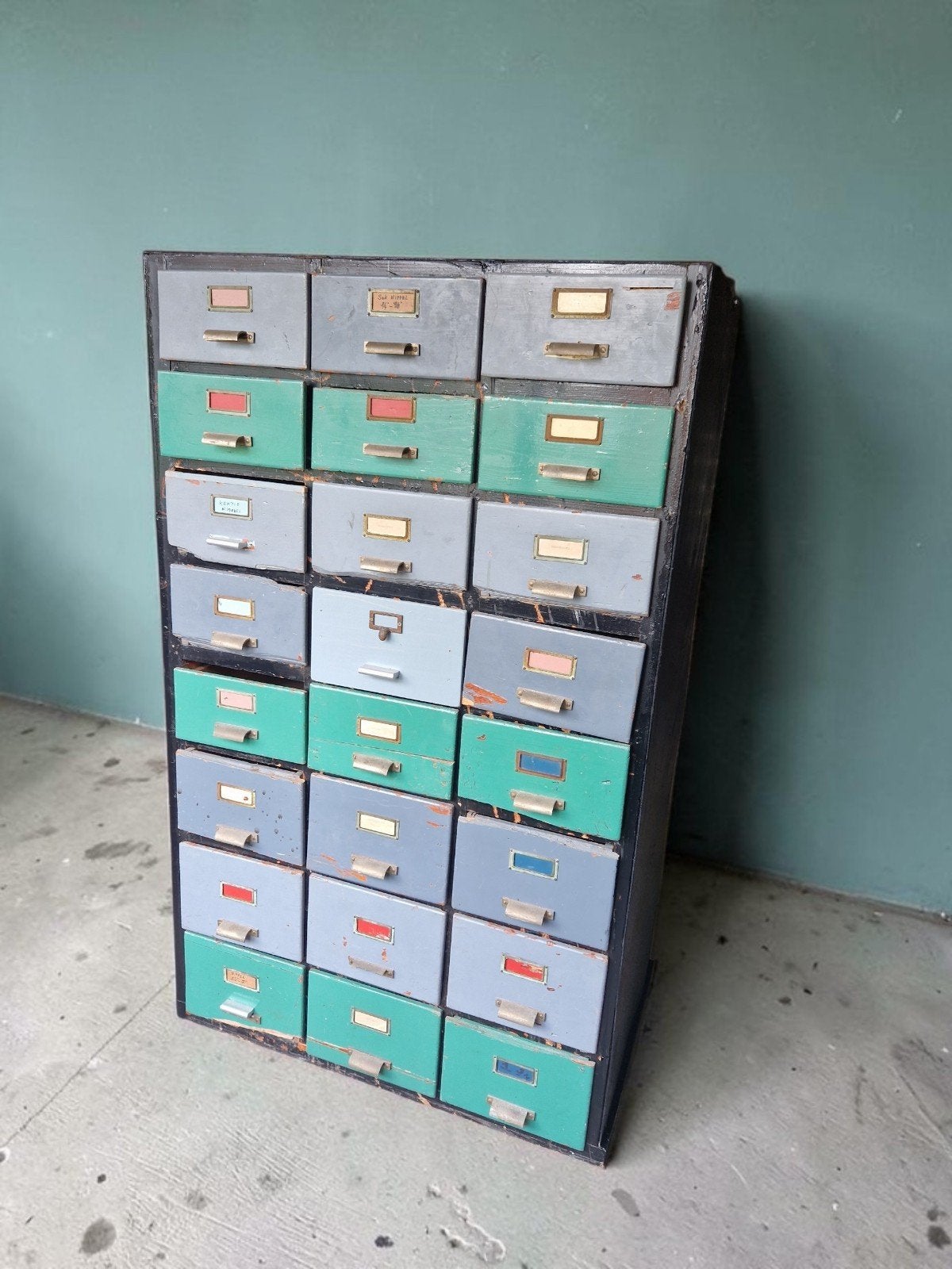 Oude authentieke apothekerskast ladekast, Ophalen, Gebruikt, 25 tot 50 cm, Eikenhout