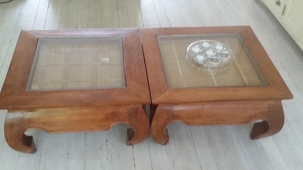 2x OPIUM SALONTAFELS MET GLASPLAAT, BAMBOEINLEG BIJZETTAFELS, Ophalen, Gebruikt, 50 tot 100 cm, Aziatisch teak