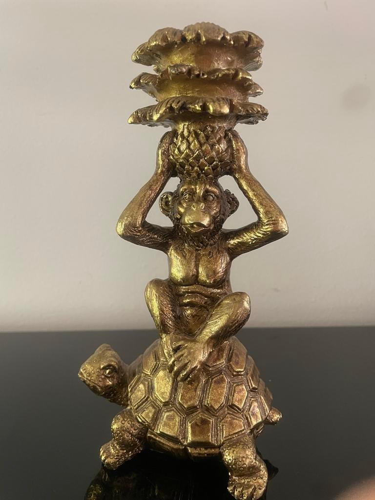 Gouden Aap op Schildpad Beeldje met Ananas, Antiek en Kunst, Antiek | Kandelaars, Ophalen of Verzenden, Overige materialen