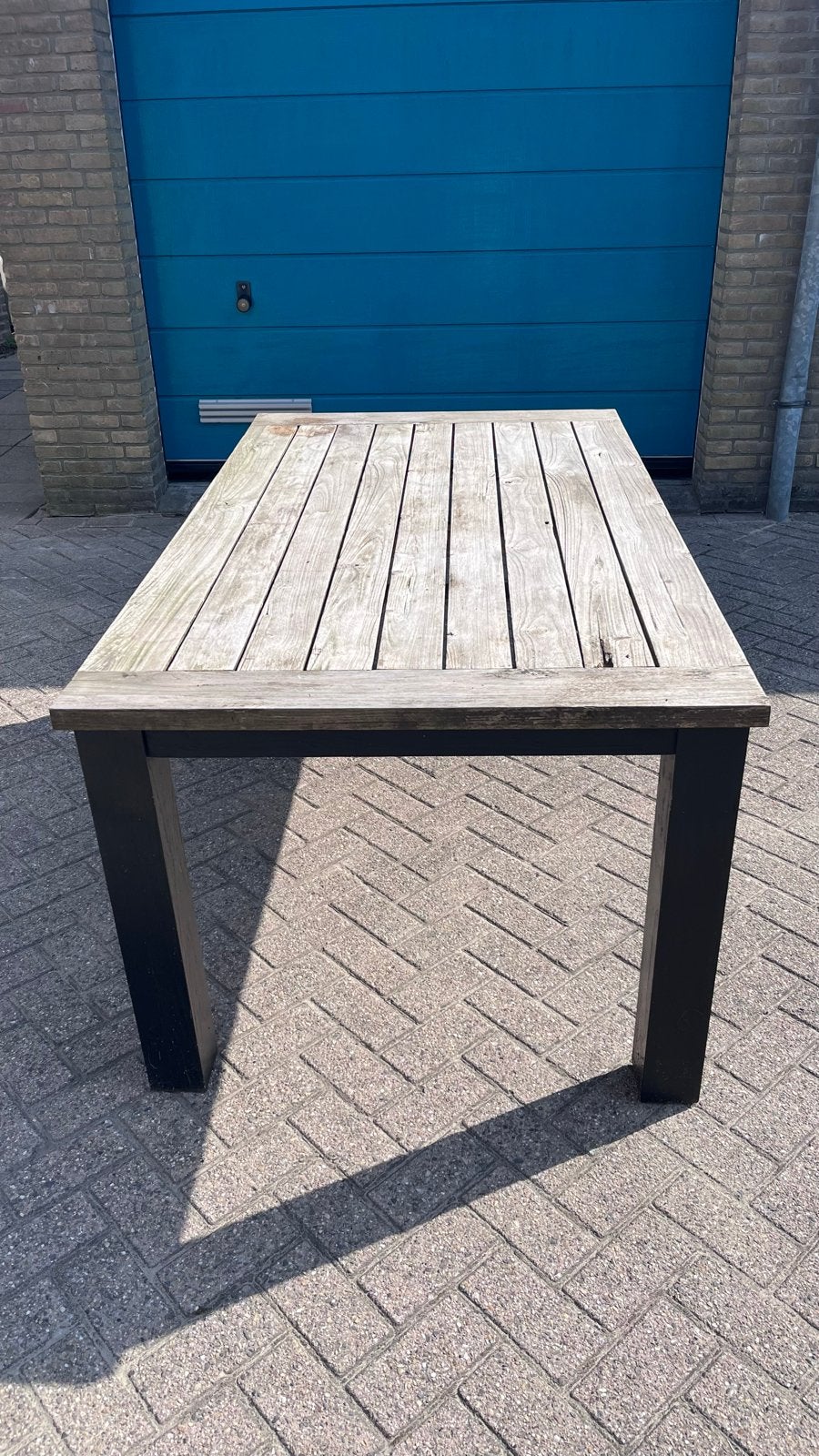 Teakhouten tuintafel met 3 wicker stoelen, Ophalen, Gebruikt, Eettafel, 3 zitplaatsen