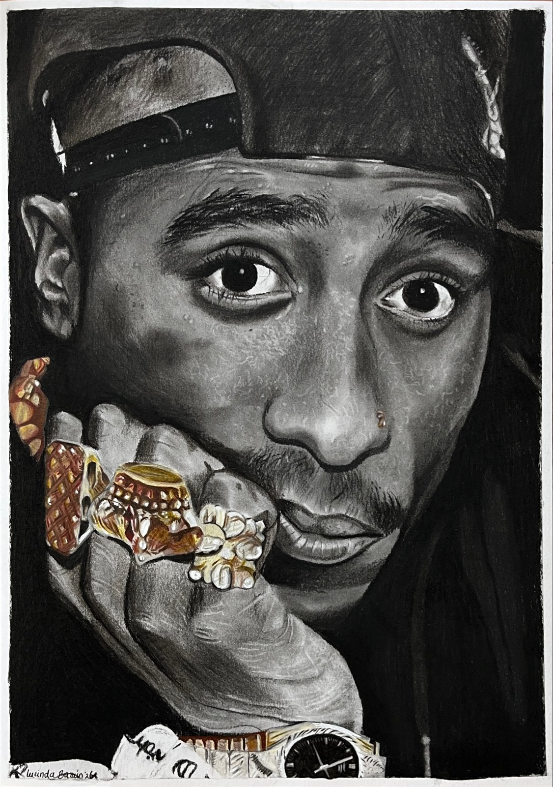 Tupac Houtskool Tekening A3 met Kleuraccenten, Antiek en Kunst, Ophalen of Verzenden, Tekening, Houtskooltekening, Handgemaakt