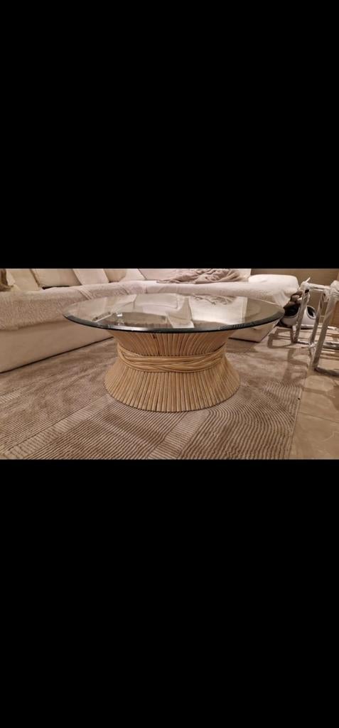 Salontafel met glazen blad en bamboe onderstel, Gebruikt, 50 tot 100 cm, Rond, Minder dan 50 cm