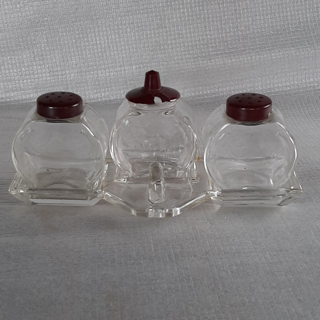 Oud peper, zout en mosterd stel van glas en bakeliet, Antiek en Kunst, Ophalen