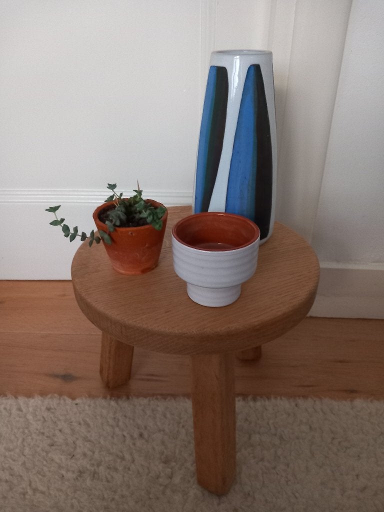 vintage brutalist planten- bijzettafeltje, rond, blank eiken, Huis en Inrichting, Tafels | Bijzettafels, Minder dan 45 cm, Minder dan 55 cm
