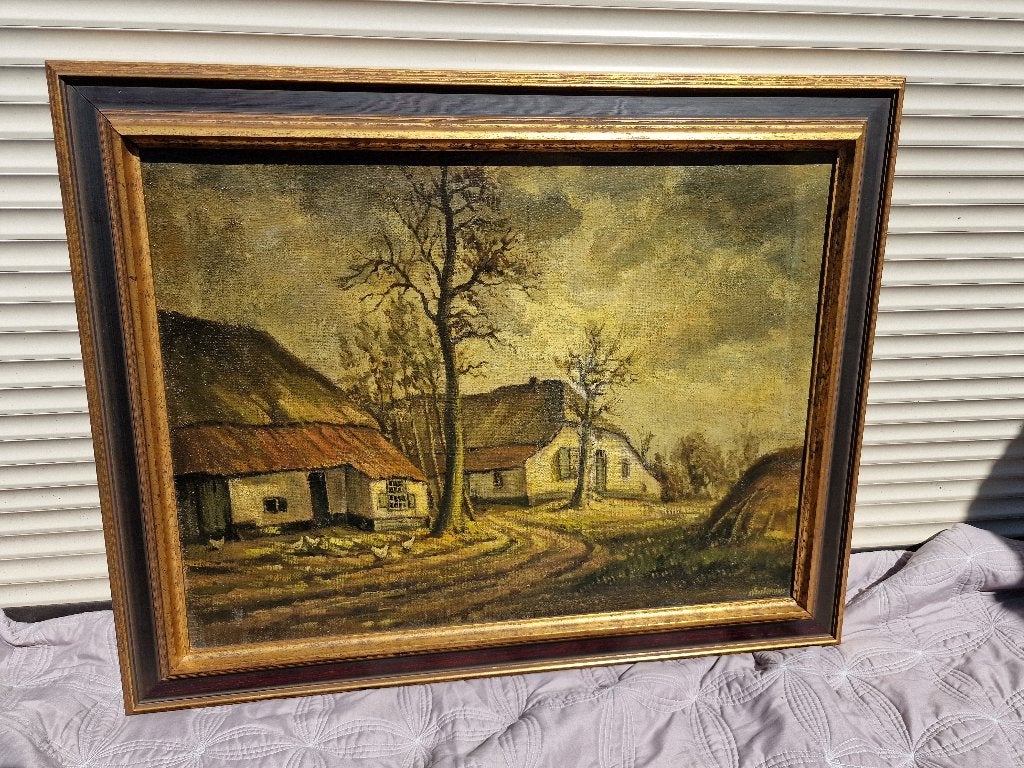 Schilderij boerderijen, Antiek en Kunst, Ophalen, Doek, Landschap, Olieverf