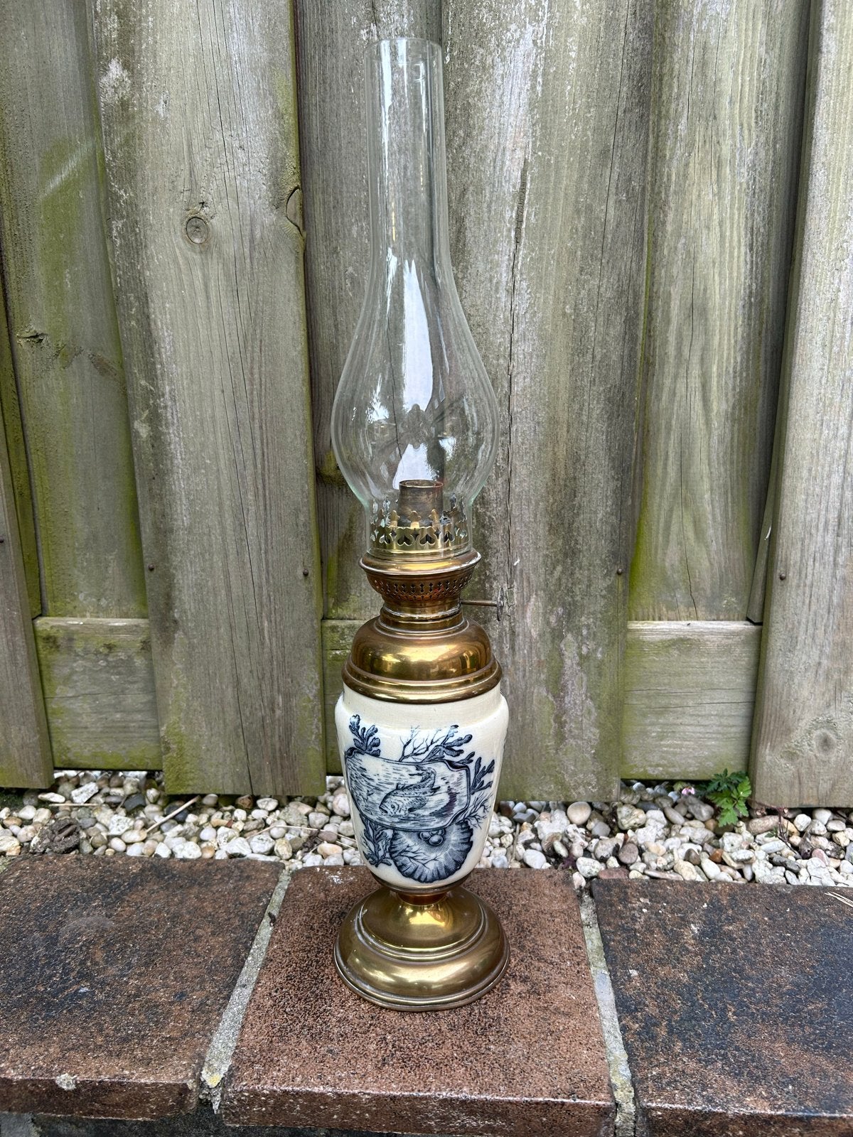 Antieke olielamp met Delfts blauw decor, Antiek en Kunst, Ophalen of Verzenden
