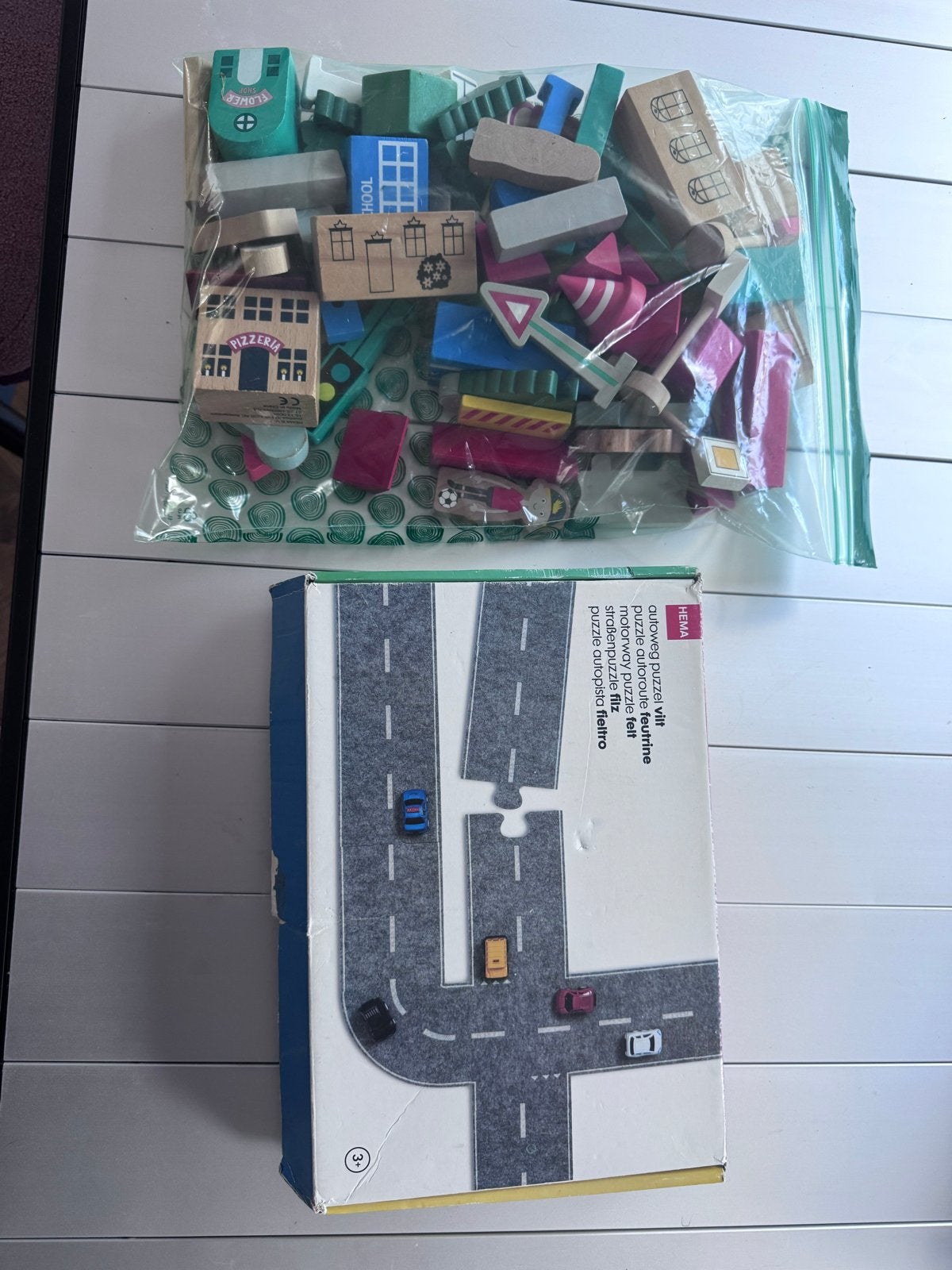 Houten bouwblokken en HEMA autoweg puzzel, Ophalen, Gebruikt, Jongen of Meisje
