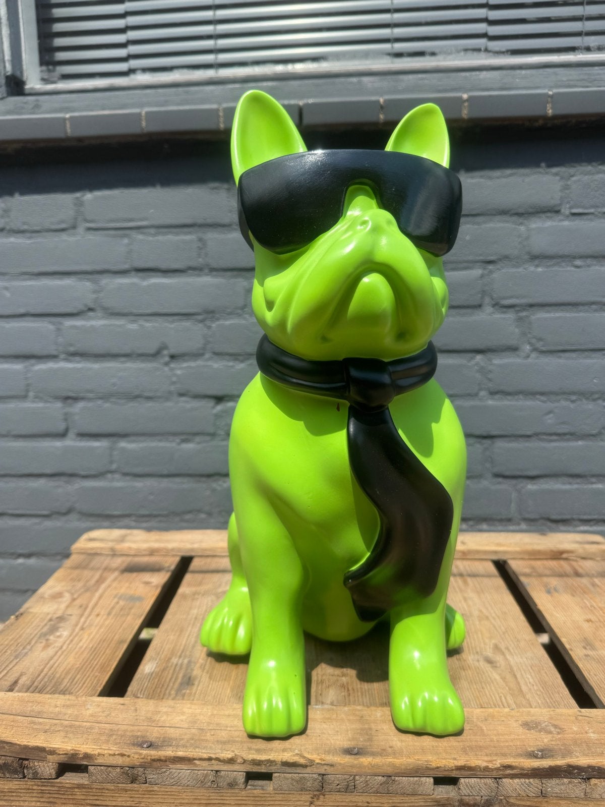 Groene Franse Bulldog met zonnebril en stropdas, Groen, ., Kunststof, Ophalen of Verzenden