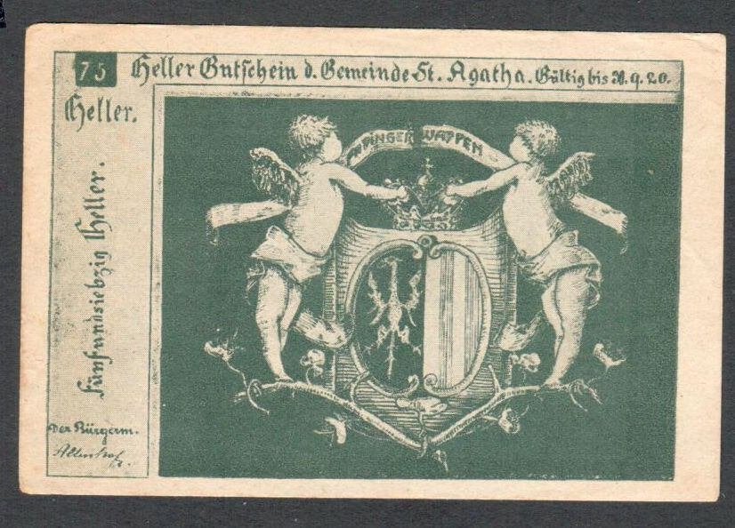 Noodgeld - St. Agatha- 75 Heller - 1920., Ophalen of Verzenden, Oostenrijk, Los biljet