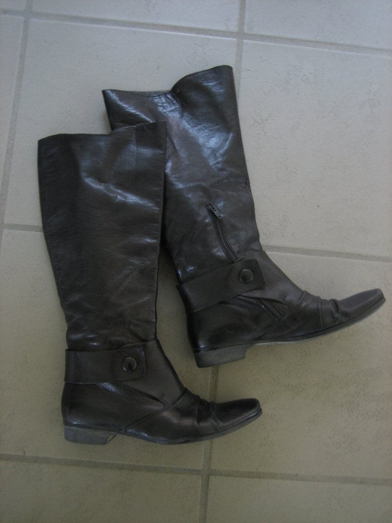 Handmade Italiaanse bruin-zwarte leren laarzen, 39 SNAZZEYS, Hoge laarzen, Bruin, Ophalen of Verzenden, Zo goed als nieuw