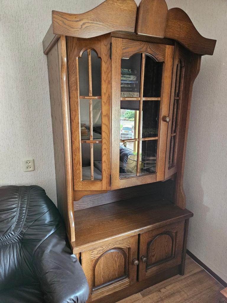 Massief eiken dokterskast / vitrinekast, Huis en Inrichting, Eikenhout, Klassiek, Landelijk, 150 tot 200 cm, 25 tot 50 cm