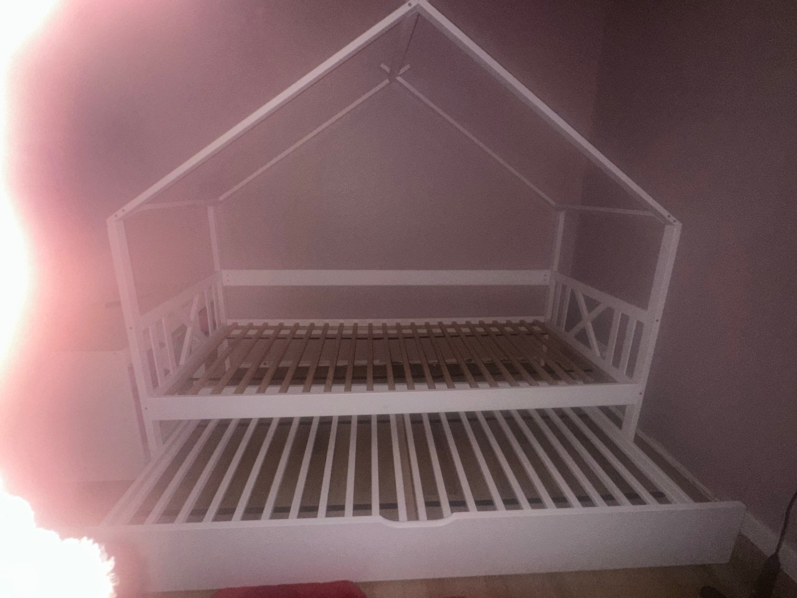 Kinderbed huisbed met uitschuifbaar logeerbed, Ophalen, 90 cm, Eenpersoons, Wit