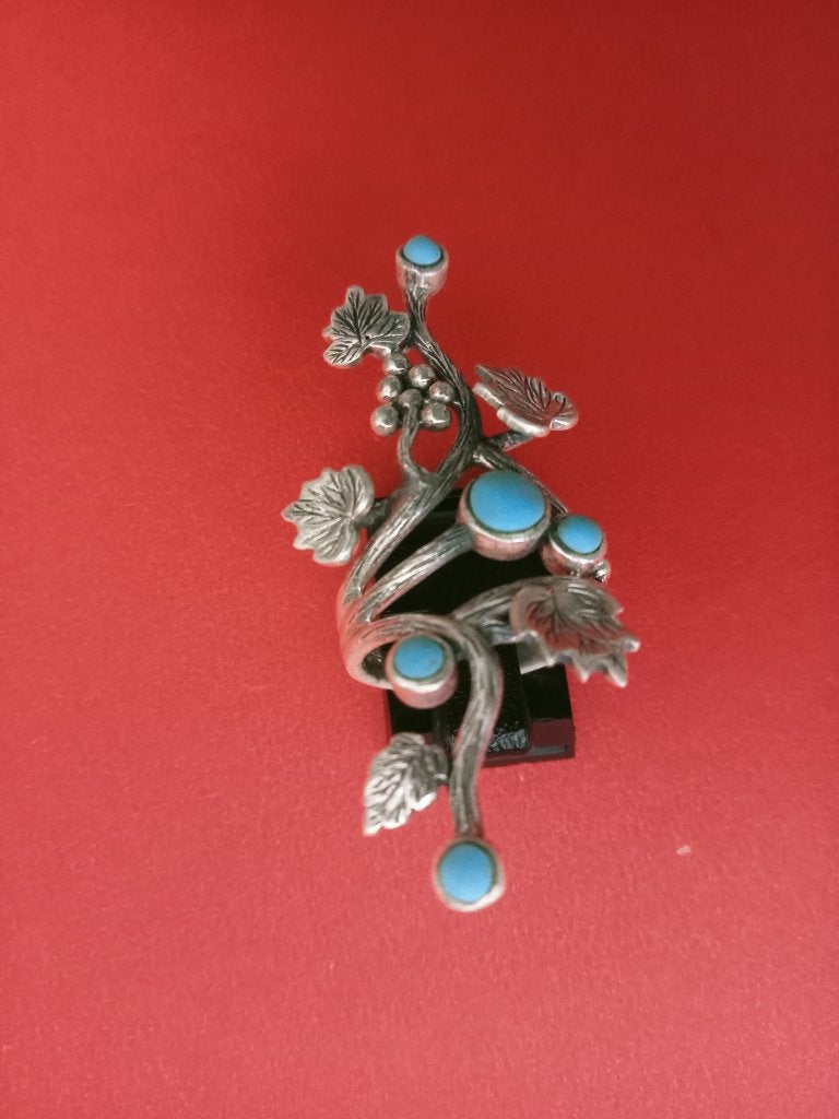 Mooie Lange Zilveren Ring met Turkois - Druiventros en blad, Sieraden, Tassen en Uiterlijk, Verzenden, Zilver, Ring, Met edelsteen