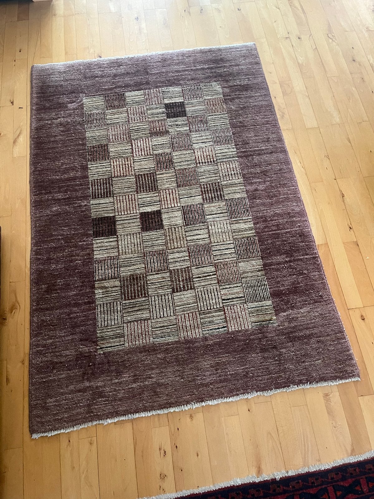 Modern handgemaakt rechthoekig vloerkleed met ruitpatroon, Ophalen, Gebruikt, 100 tot 150 cm, Bruin