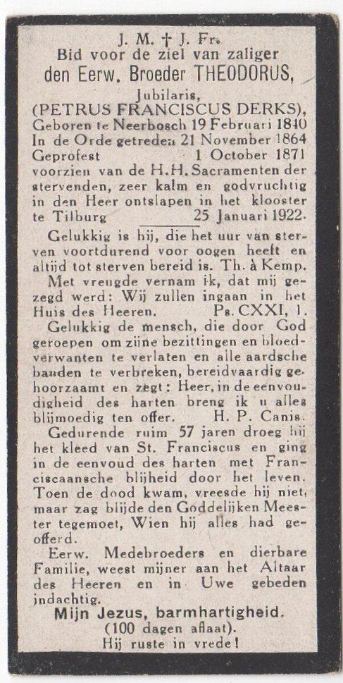 broeder Petrus Derks 1840 Neerbosch + 1922 Tilburg, 81 jr, Verzenden
