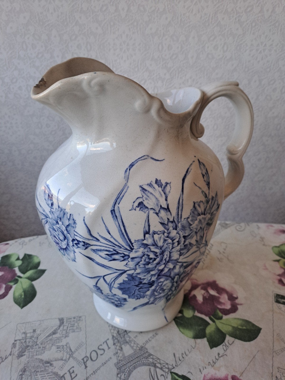 Vintage Romantische Lampetkan met Blauwe Bloemen, Ophalen of Verzenden