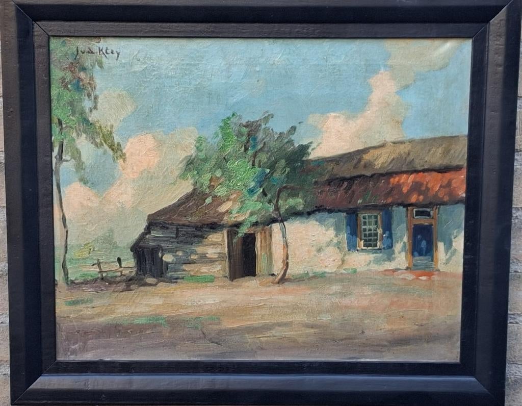 Boerderij in Oirschot. Ca '30. J.v.d. Kley.  59/49 cm., Antiek en Kunst, Kunst | Schilderijen | Klassiek, Ophalen