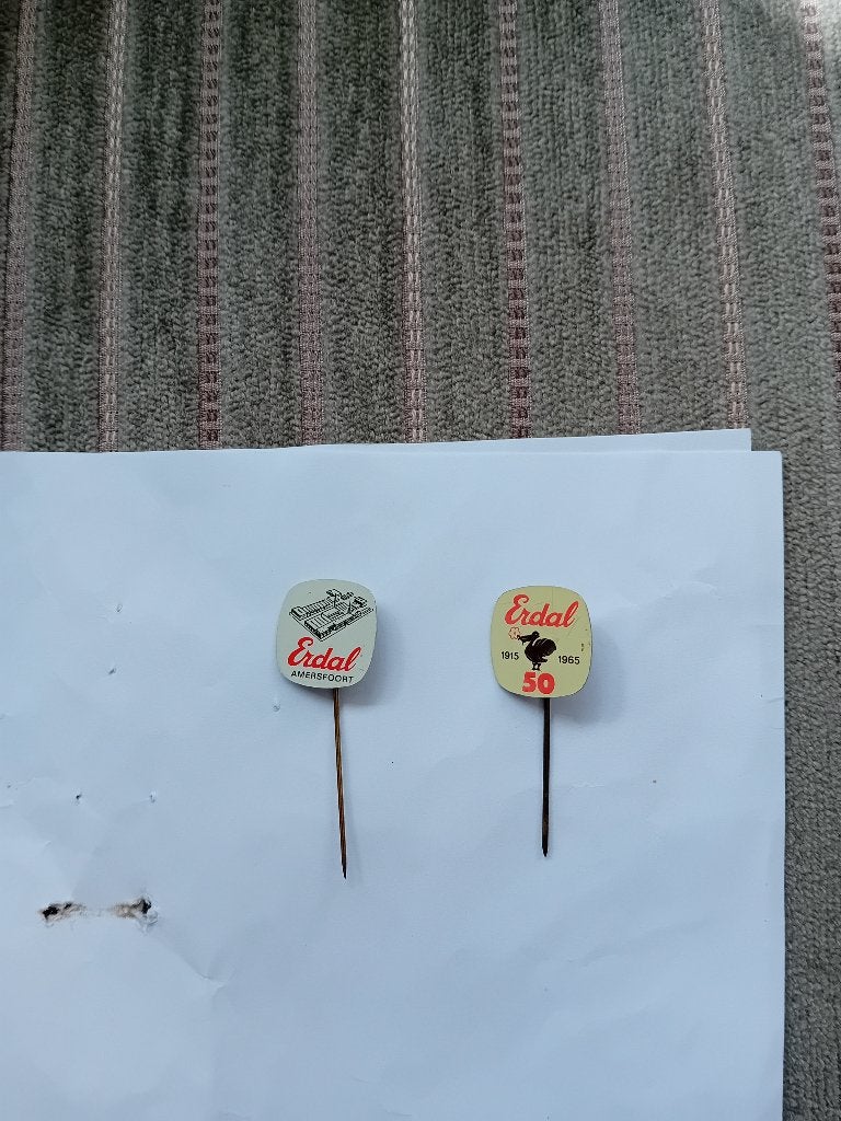 2 pins - ERDAL, Verzamelen, Speldjes, Pins en Buttons, Ophalen of Verzenden, Zo goed als nieuw, Merk, Speldje of Pin